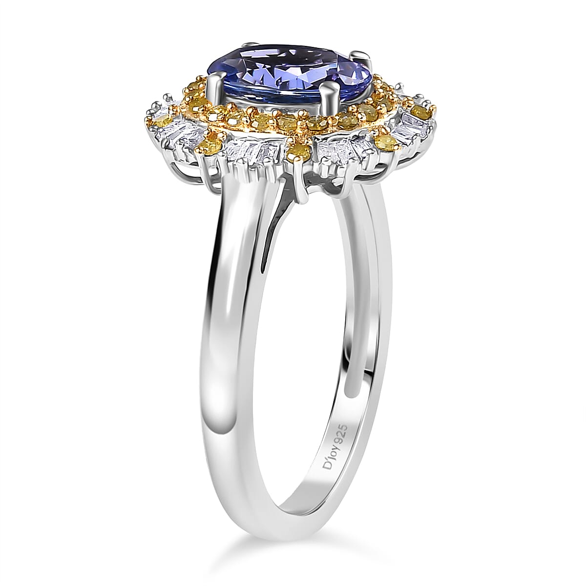 D'Joy Tanzanite, White Diamond &amp; Yellow Diamond Double Halo Ring in Rhodium Overlay Sterling Silver 1.75 Ct. 8312704 4