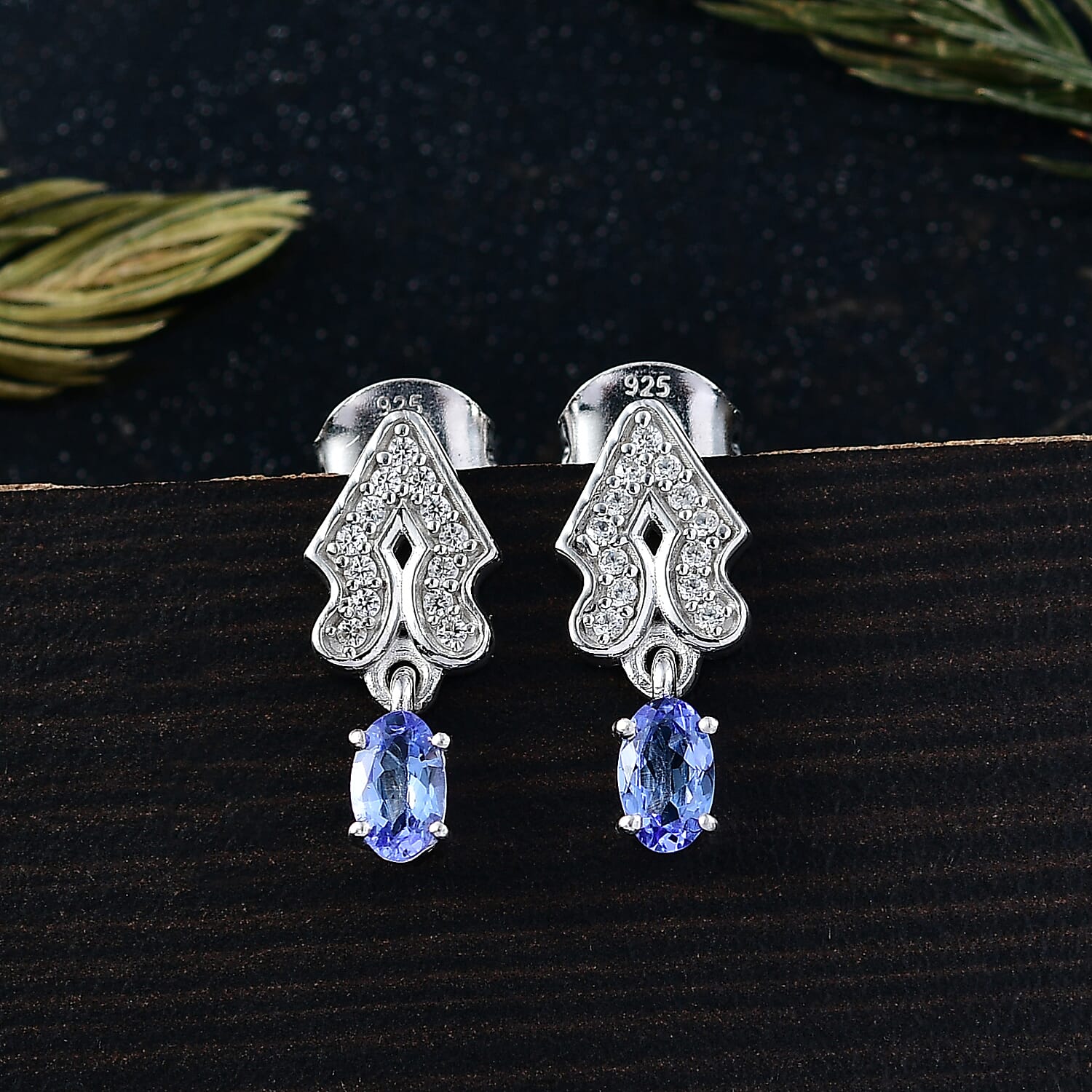 D'Joy Tanzanite &amp; White Zircon Dangling Earring with Push Back in Platinum Overlay Sterling Silver 8302295 2
