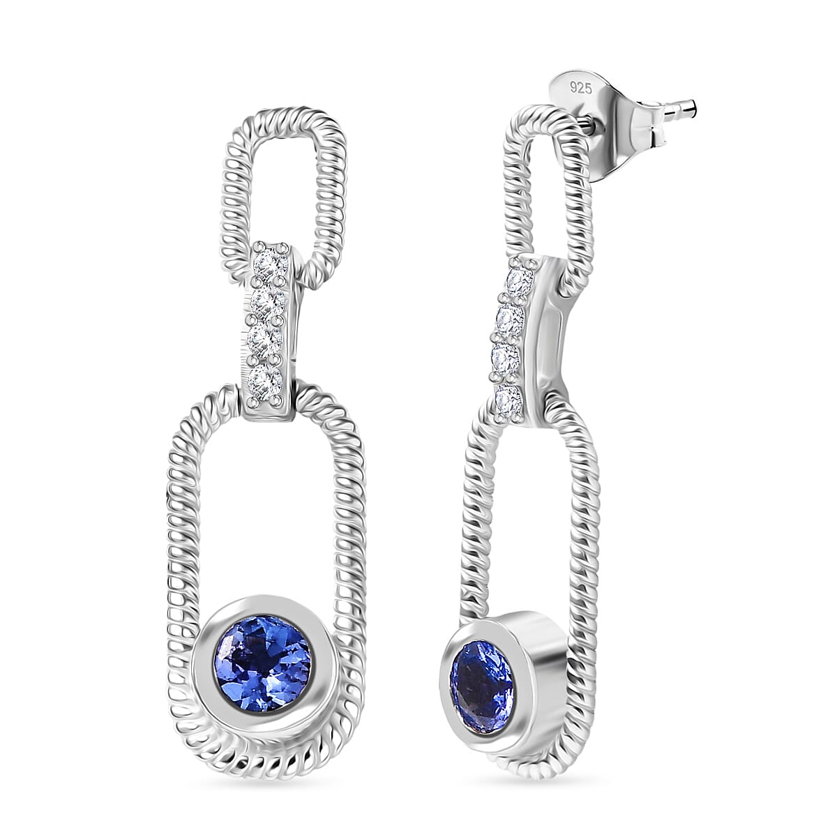 D'Joy Tanzanite, White Zircon Dangling Earring in Platinum Overlay Sterling Silver 8306272 0