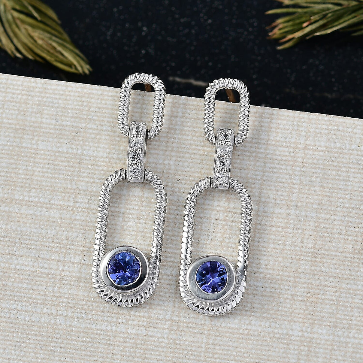 D'Joy Tanzanite, White Zircon Dangling Earring in Platinum Overlay Sterling Silver 8306272 2