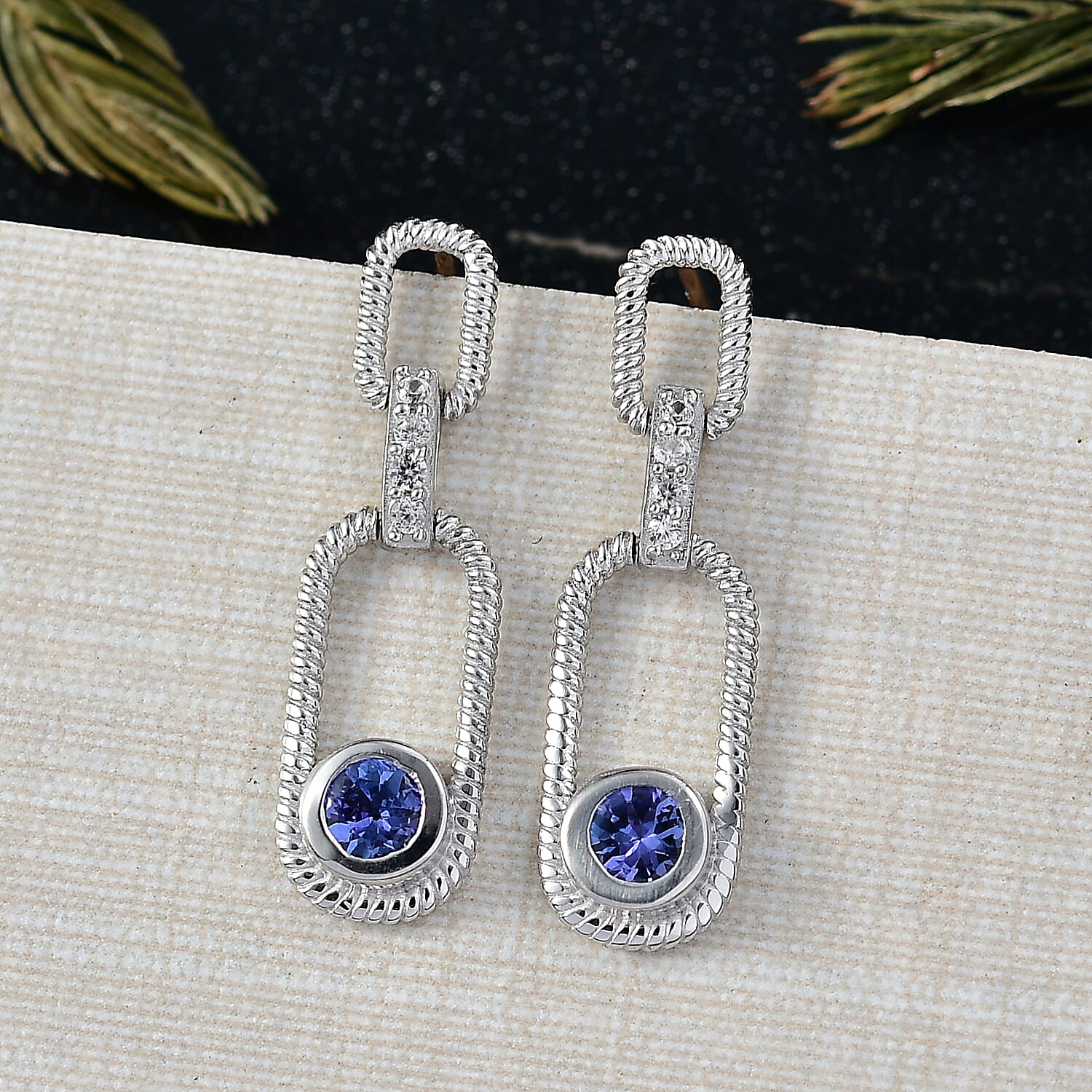 D'Joy Tanzanite, White Zircon Dangling Earring in Platinum Overlay Sterling Silver 8306272 2