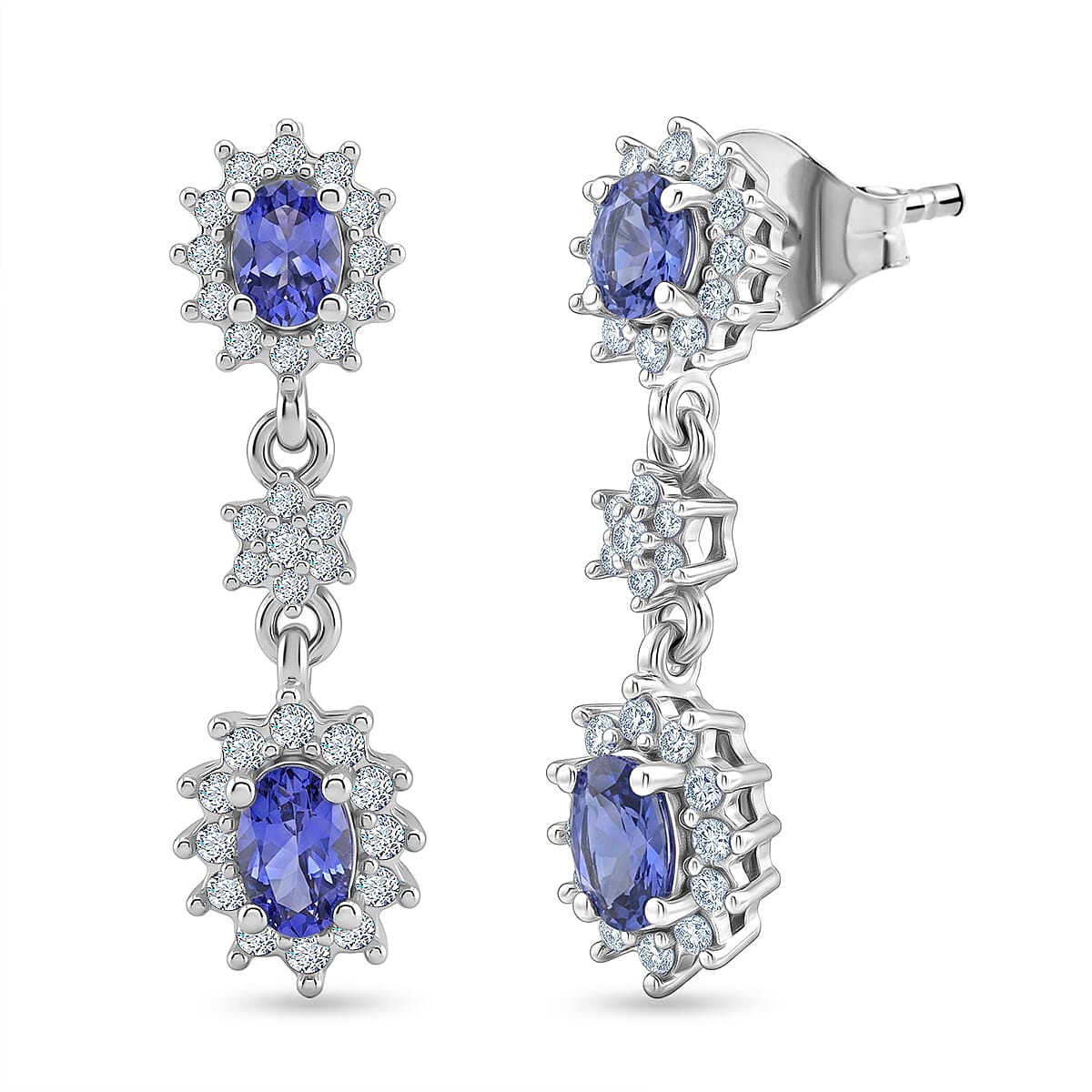 D'Joy - Tanzanite &amp; White Zircon Dangling Earring with Push Post in Rhodium Overlay Sterling Silver 1.45 Ct. 8572391 0