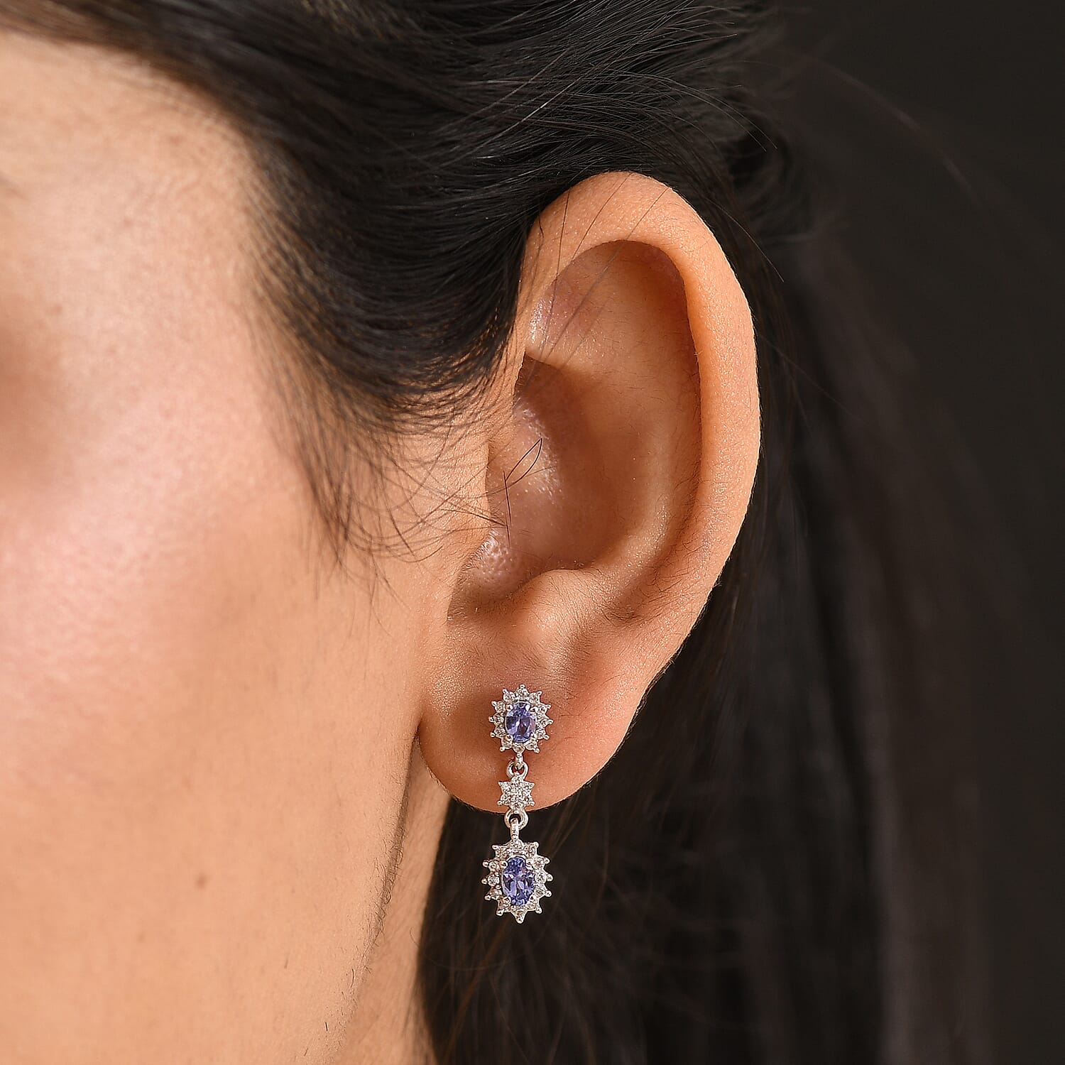 D'Joy - Tanzanite &amp; White Zircon Dangling Earring with Push Post in Rhodium Overlay Sterling Silver 1.45 Ct. 8572391 2