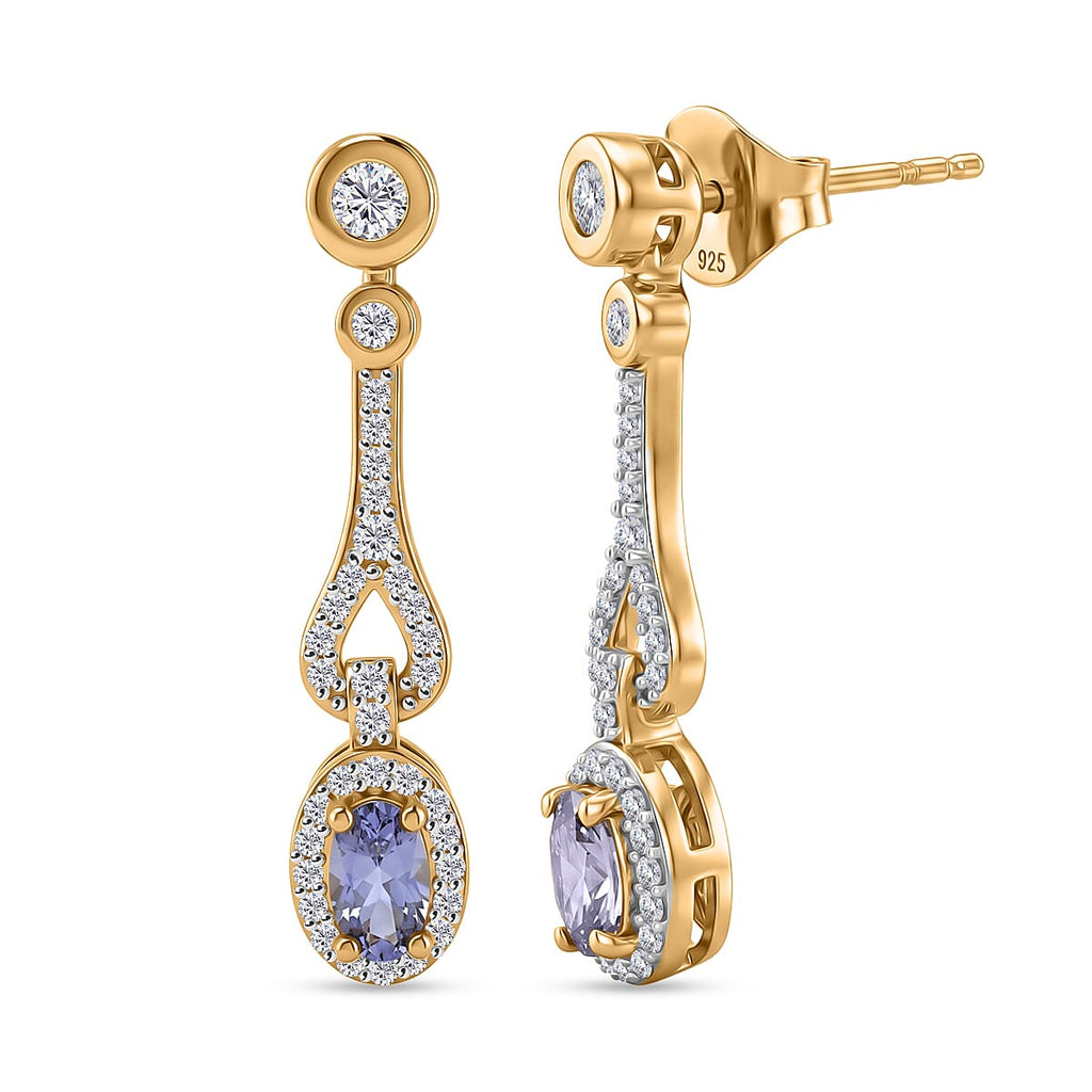D'Joy - Tanzanite & White Zircon Dangling Earring with Push Post in Yellow Gold Plated Sterling Silver 1.00 Ct.