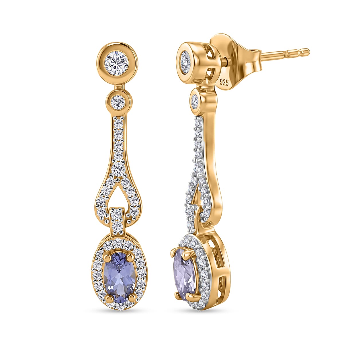 D'Joy - Tanzanite &amp; White Zircon Dangling Earring with Push Post in Yellow Gold Plated Sterling Silver 1.00 Ct. V32534639 0