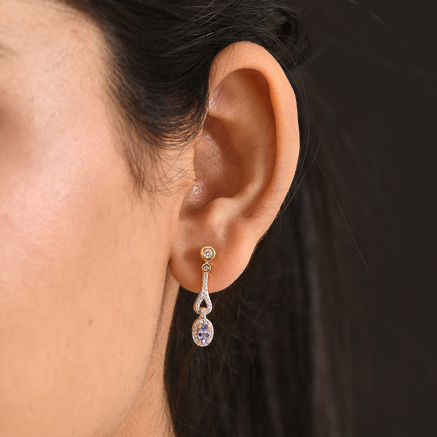 D'Joy - Tanzanite &amp; White Zircon Dangling Earring with Push Post in Yellow Gold Plated Sterling Silver 1.00 Ct. V32534639 2