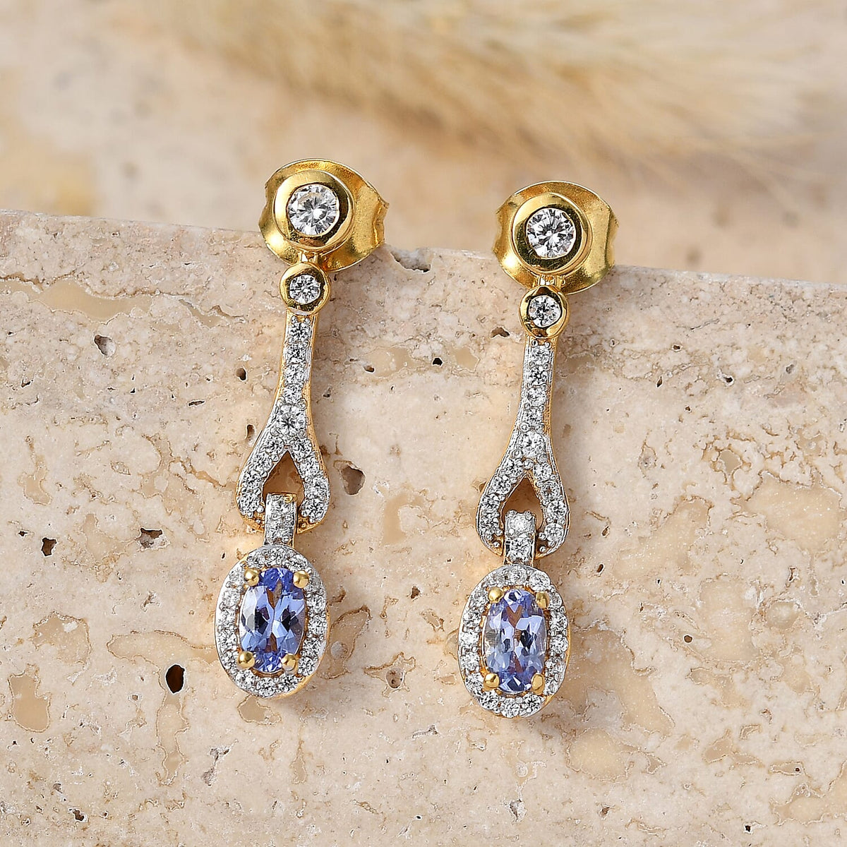D'Joy - Tanzanite &amp; White Zircon Dangling Earring with Push Post in Yellow Gold Plated Sterling Silver 1.00 Ct. V32534639 3