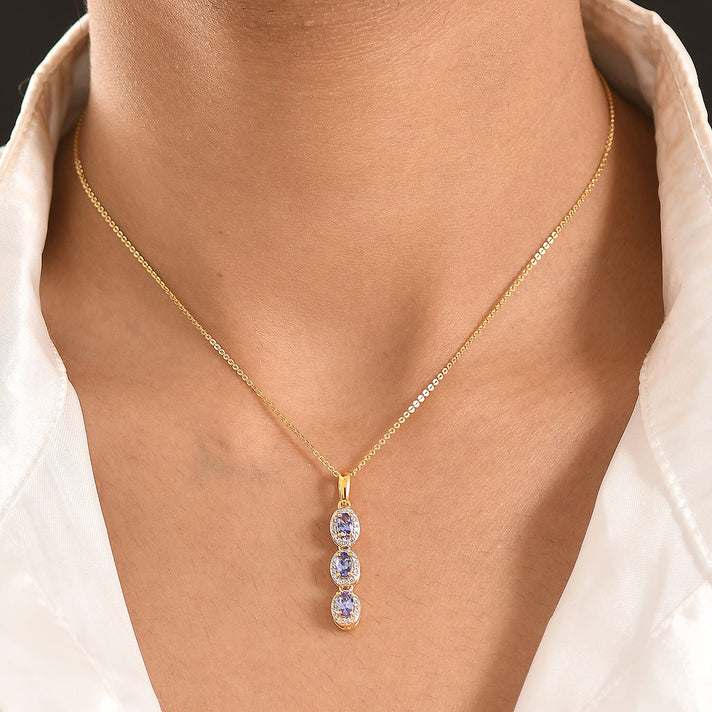 D'Joy - Tanzanite &amp; White Zircon Trilogy Halo Drop Pendant with Chain (Size 20) in Yellow Gold Plated Sterling Silver 1.00 Ct. 4476893 2
