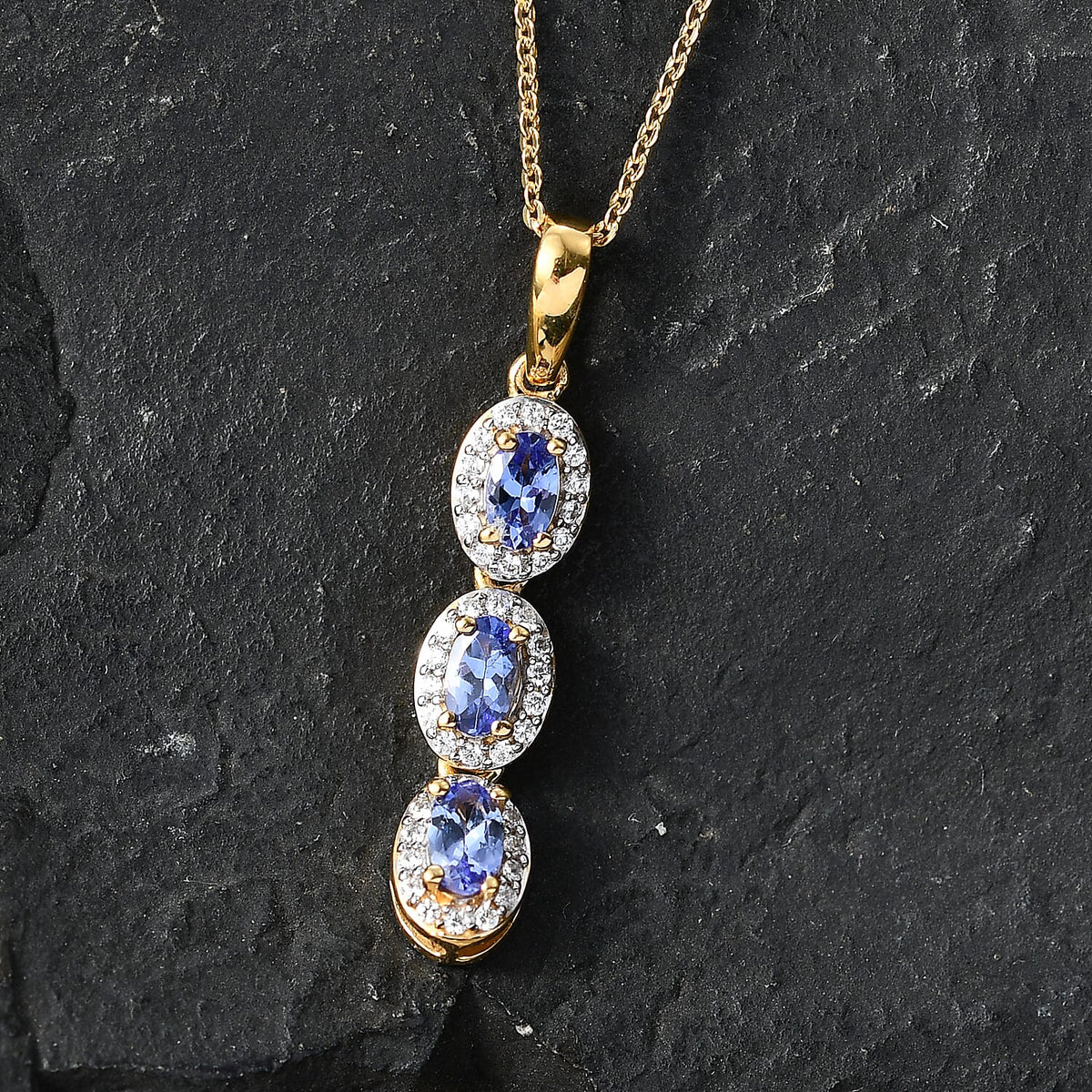 D'Joy - Tanzanite &amp; White Zircon Trilogy Halo Drop Pendant with Chain (Size 20) in Yellow Gold Plated Sterling Silver 1.00 Ct. V32520187 3