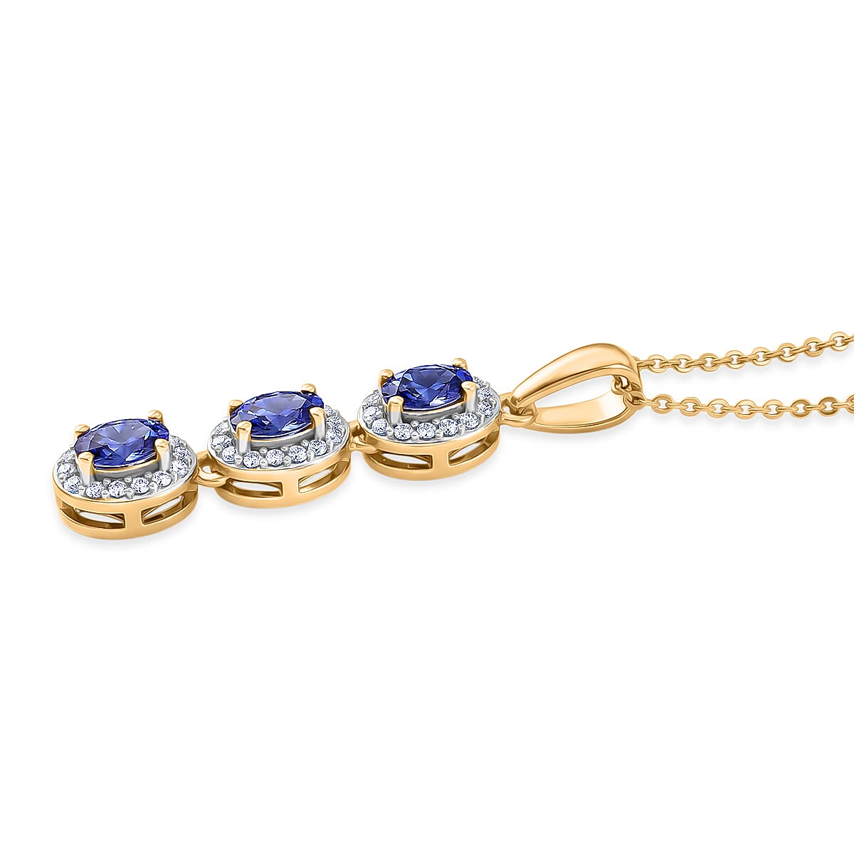 D'Joy - Tanzanite &amp; White Zircon Trilogy Halo Drop Pendant with Chain (Size 20) in Yellow Gold Plated Sterling Silver 1.00 Ct. V32520187 4
