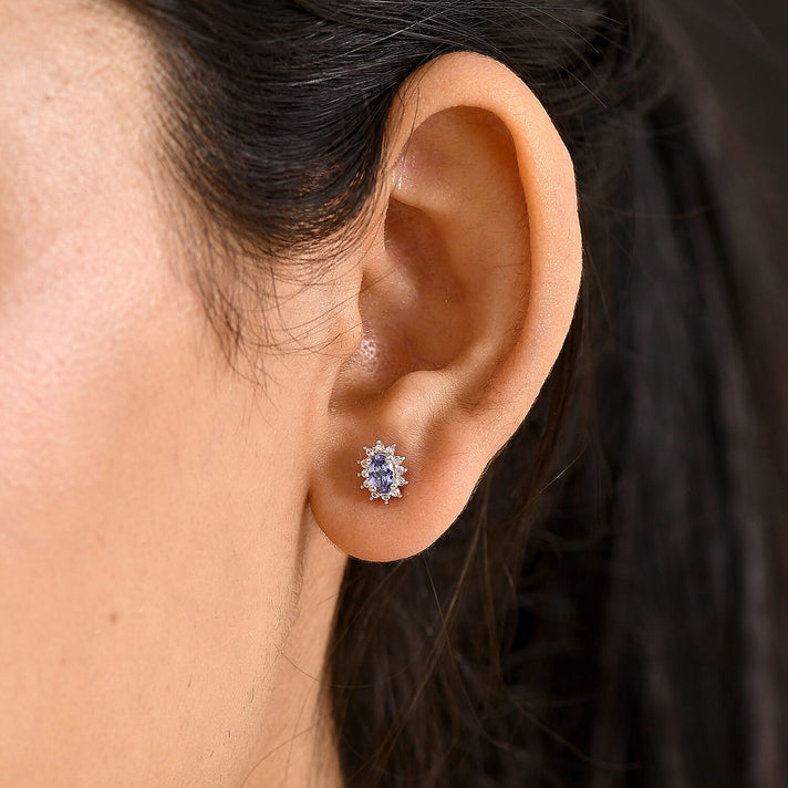 D'Joy - Tanzanite &amp; White Zircon Halo Earring with Push Post in Platinum Overlay Sterling Silver 8572144 2
