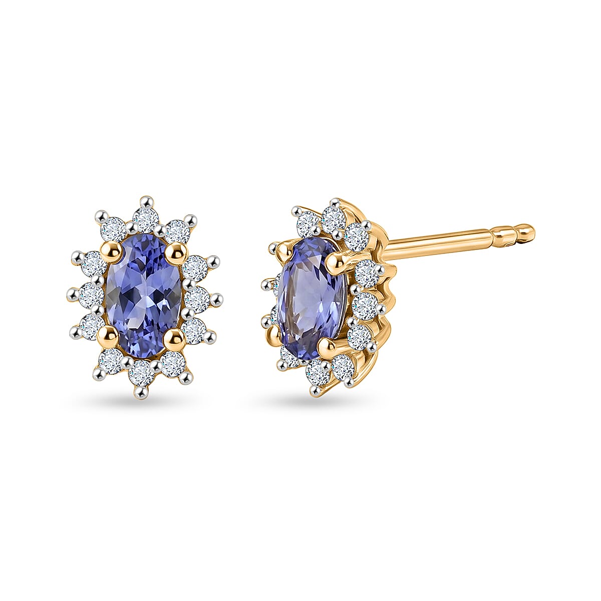 D'Joy - Tanzanite &amp; White Zircon Halo Earring with Push Post in Yellow Gold Plated Sterling Silver V32533824 0