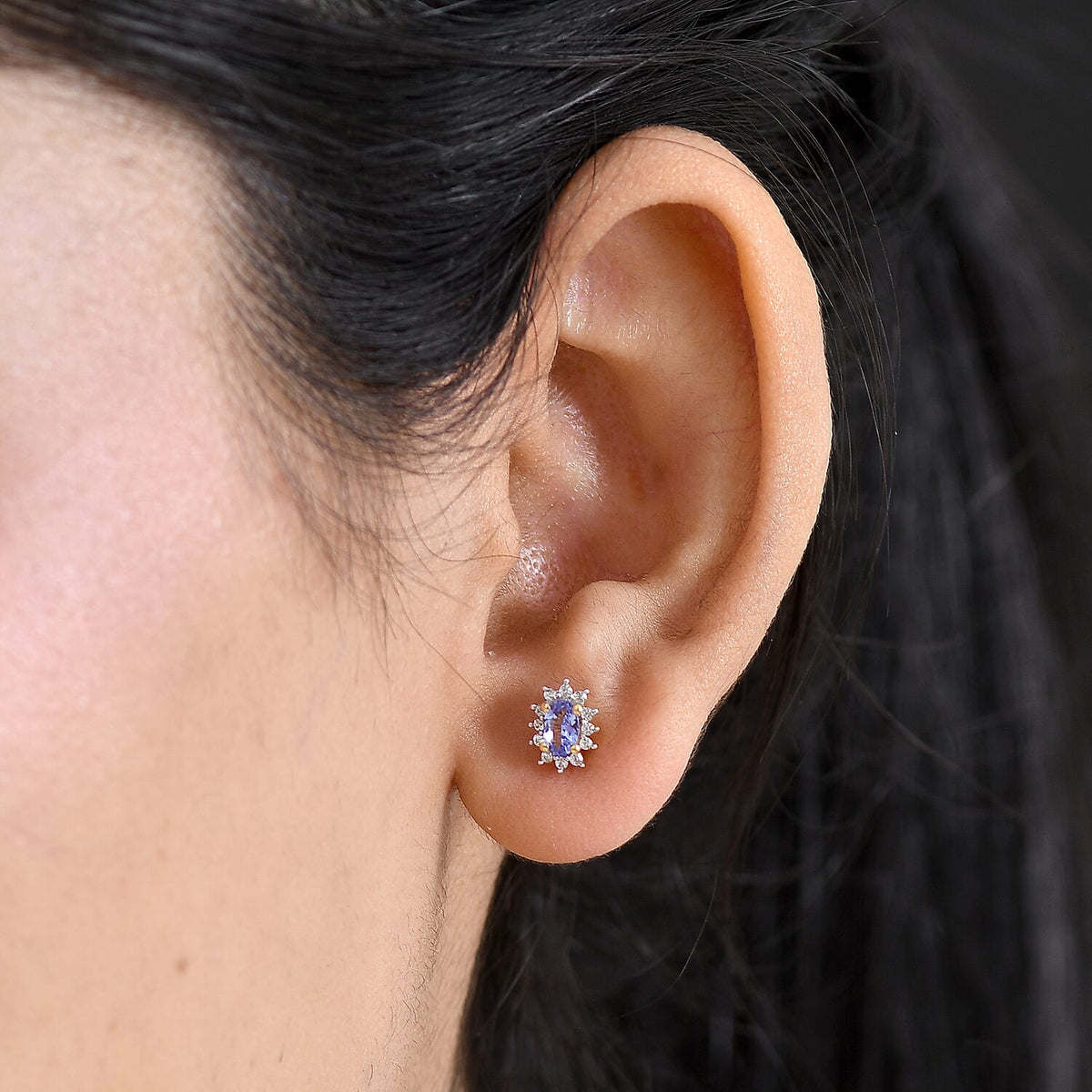 D'Joy - Tanzanite &amp; White Zircon Halo Earring with Push Post in Yellow Gold Plated Sterling Silver V32533824 2