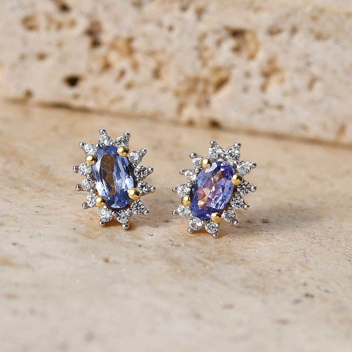 D'Joy - Tanzanite &amp; White Zircon Halo Earring with Push Post in Yellow Gold Plated Sterling Silver V32533824 3