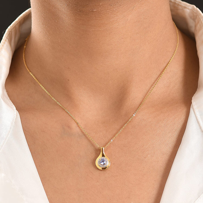 D'Joy - Tanzanite &amp; White Zircon Halo Pendant with Chain (Size 20) in Yellow Gold Plated Sterling Silver 4476889 2