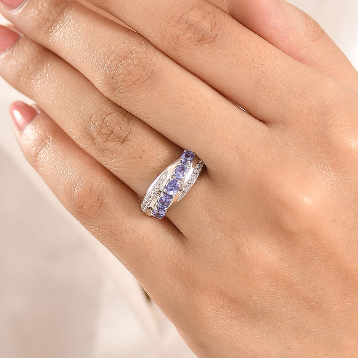 D'Joy - Tanzanite &amp; White Zircon Ring in Rhodium Overlay Sterling Silver 1.17 Ct. 8572130 2
