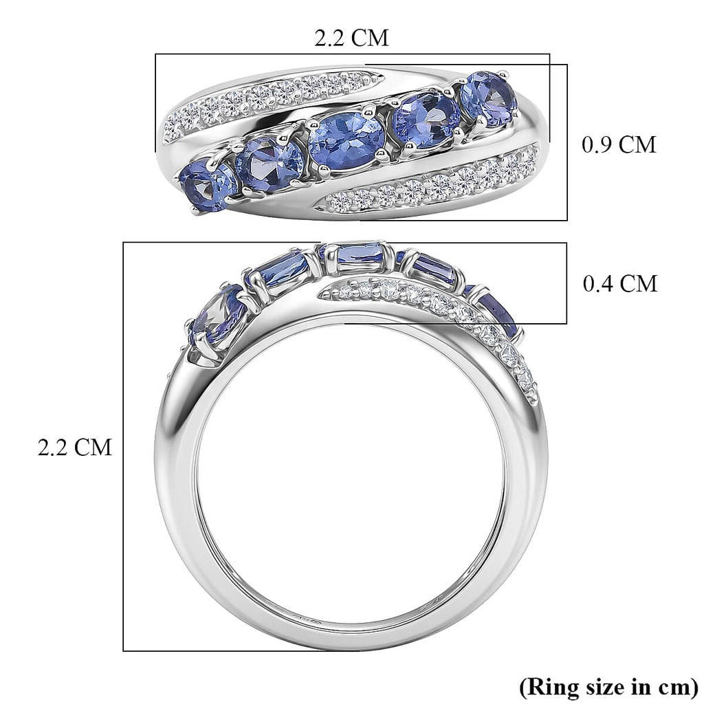 D'Joy - Tanzanite & White Zircon 5 Stone Ring in Rhodium Overlay Sterling Silver 1.17 Ct.