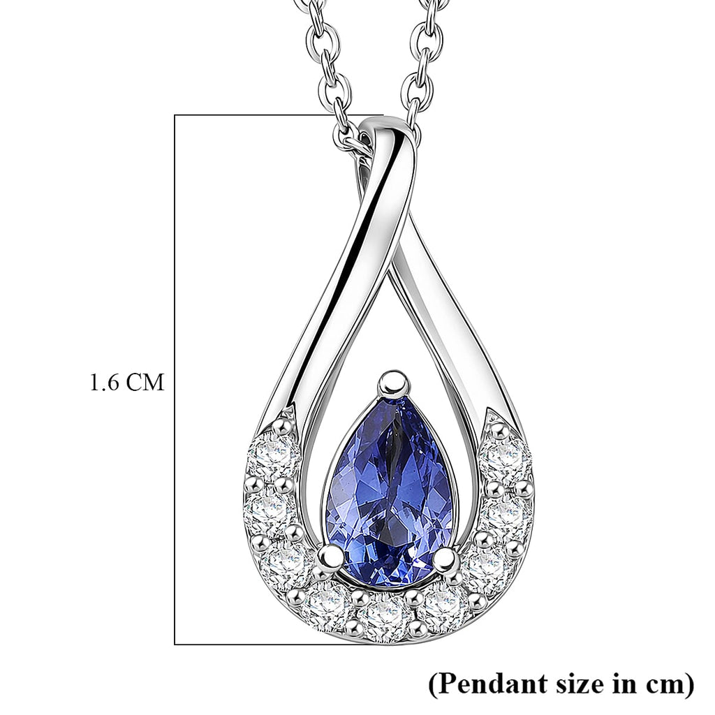 D'Joy - Tanzanite & White Zircon Pear Cut Solitaire Pendant with Chain (Size 20) in Platinum Overlay Sterling Silver