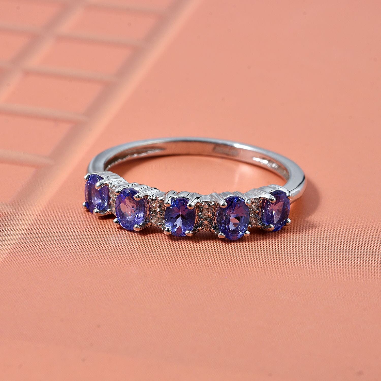 D'Joy Tanzanite &amp; White Zircon 5 Stone Ring in Rhodium Overlay Sterling Silver 8282182 2