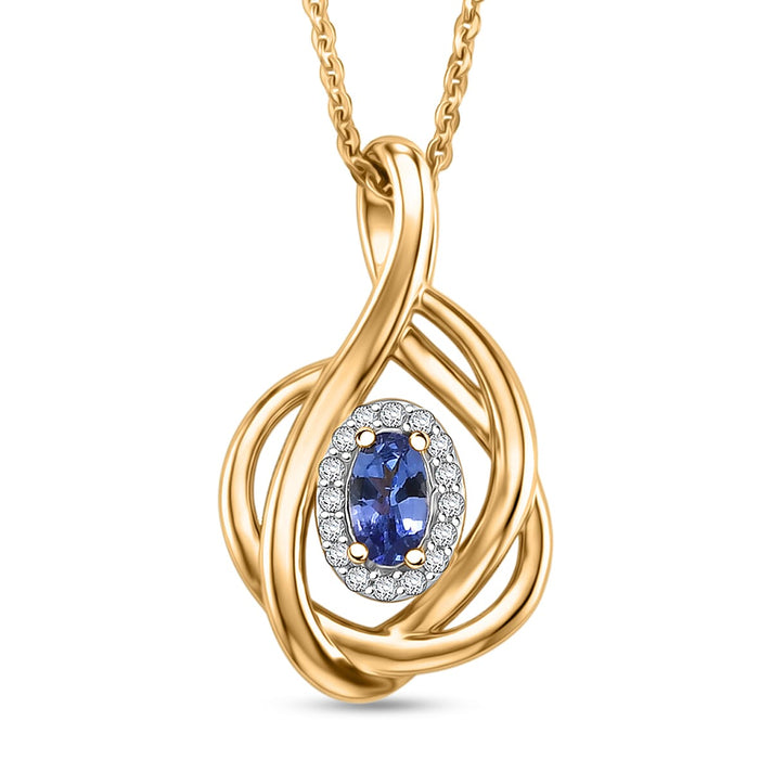 D'Joy - Tanzanite &amp; White Zircon Twisted Halo Pendant with Chain (Size 20) in Yellow Gold Plated Sterling Silver 4476887 1