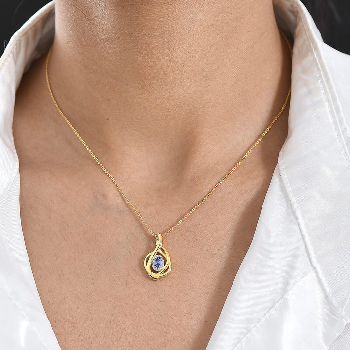 D'Joy - Tanzanite &amp; White Zircon Twisted Halo Pendant with Chain (Size 20) in Yellow Gold Plated Sterling Silver 4476887 2