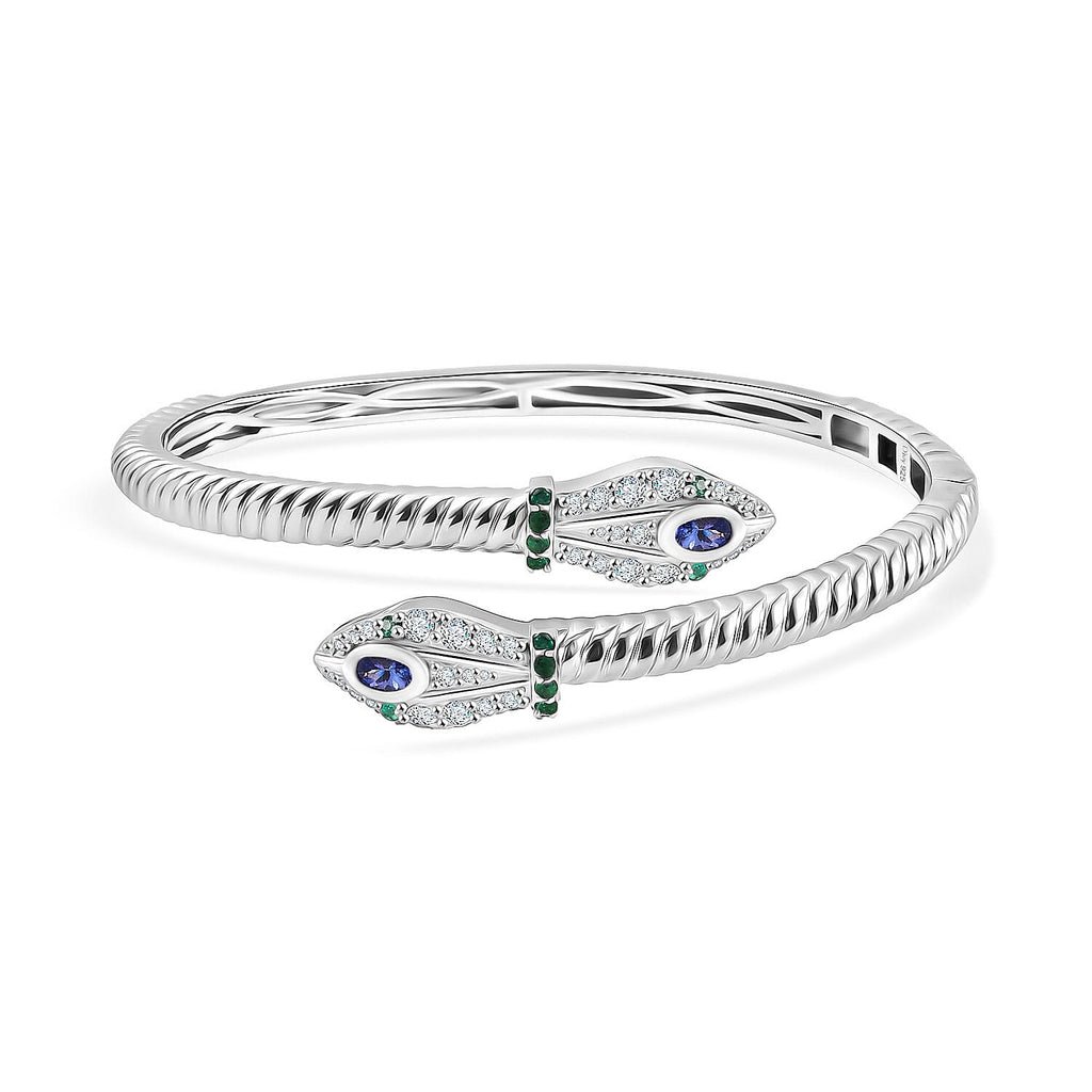 Designer Inspired- Tanzanite Zambian Emerald Bangle (Size 7.5) in Rhodium Overlay Sterling Silver 2.53 Ct, Silver Wt. 23.05 Gms