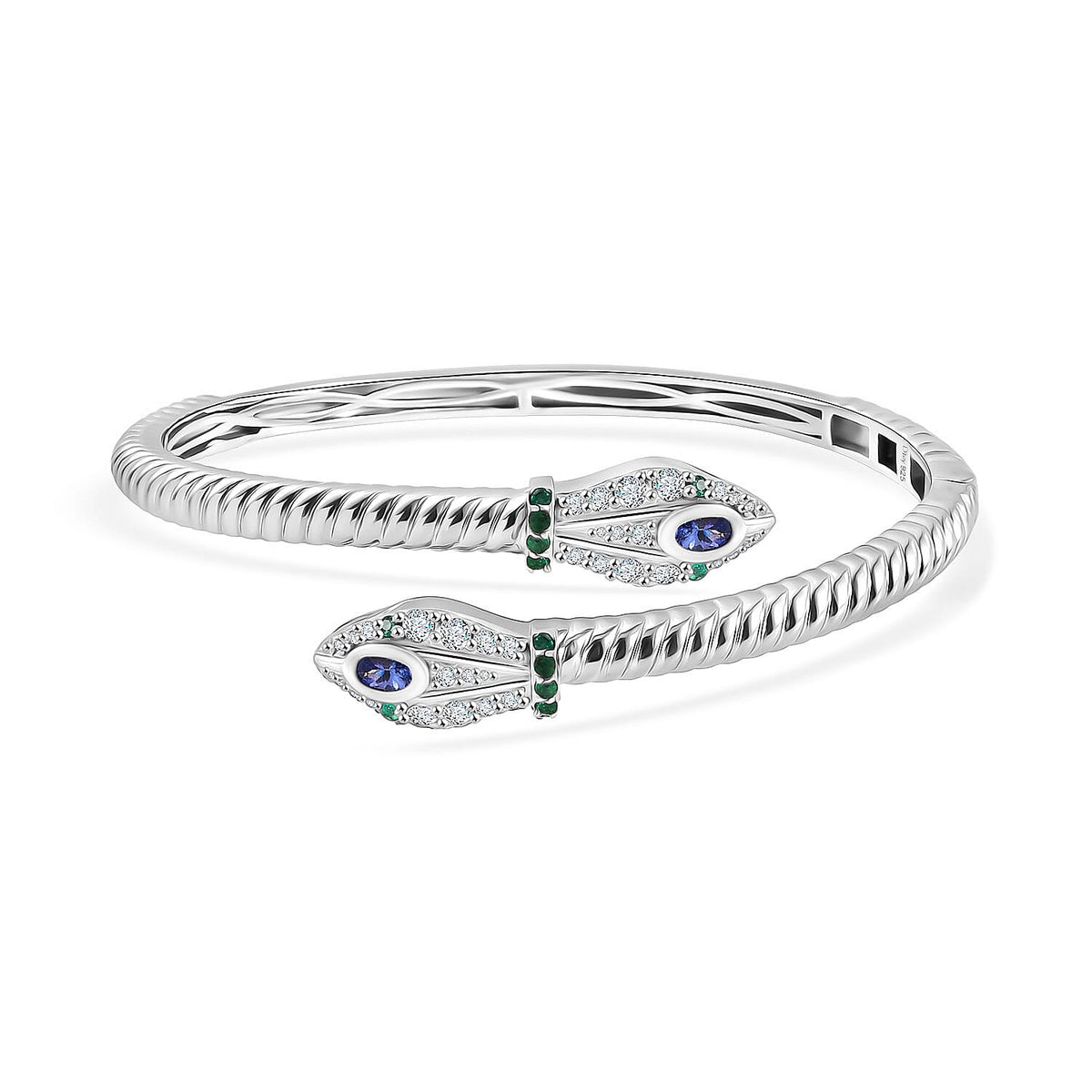 Designer Inspired- Tanzanite Zambian Emerald Bangle (Size 7.5) in Rhodium Overlay Sterling Silver 2.53 Ct, Silver Wt. 23.05 Gms 8232971 0