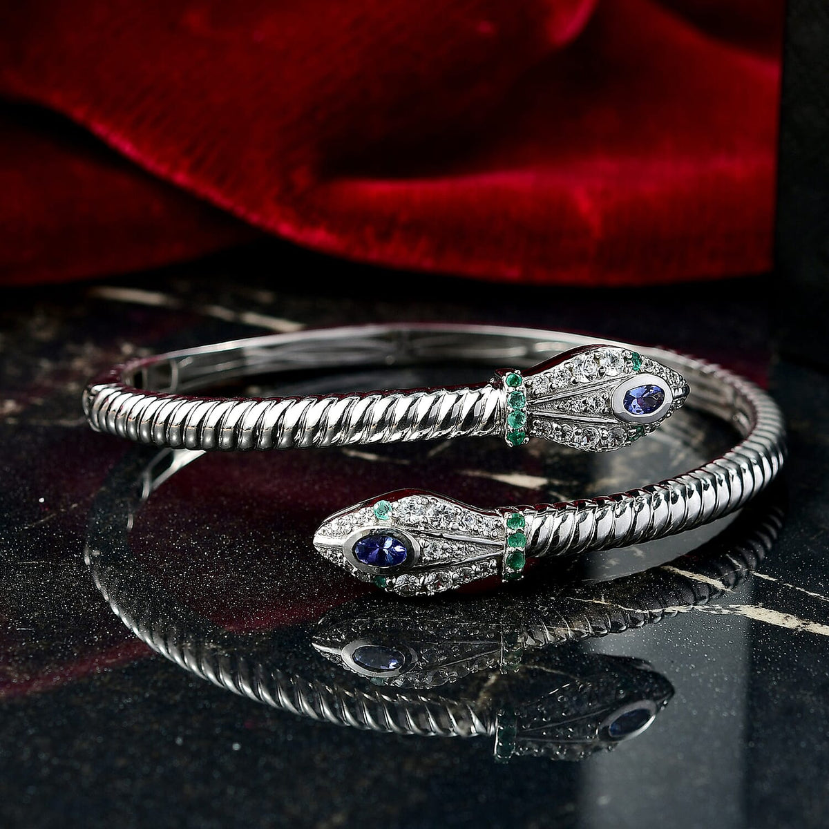 Designer Inspired- Tanzanite Zambian Emerald Bangle (Size 7.5) in Rhodium Overlay Sterling Silver 2.53 Ct, Silver Wt. 23.05 Gms 8232971 2