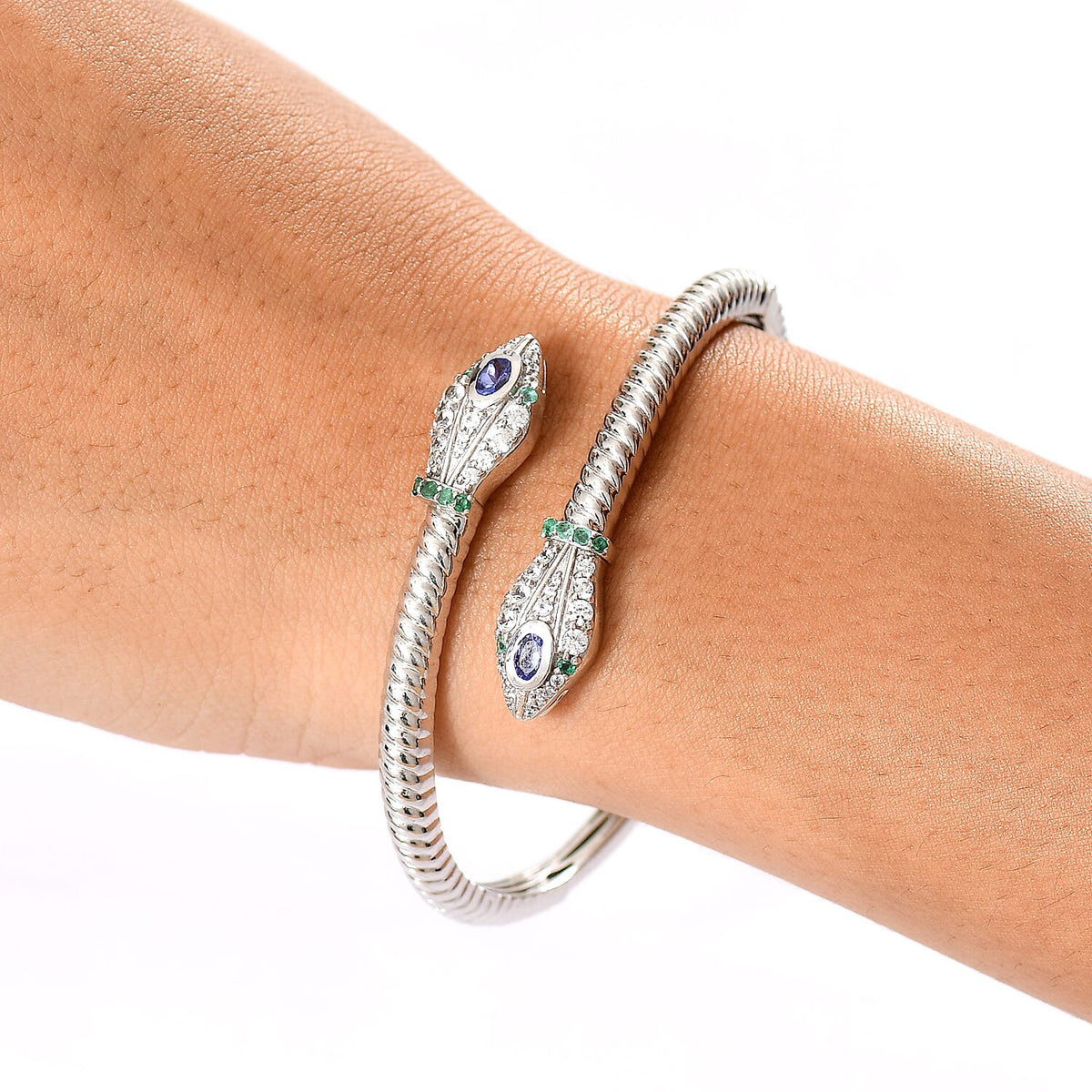 Designer Inspired- Tanzanite Zambian Emerald Bangle (Size 7.5) in Rhodium Overlay Sterling Silver 2.53 Ct, Silver Wt. 23.05 Gms 8232971 3