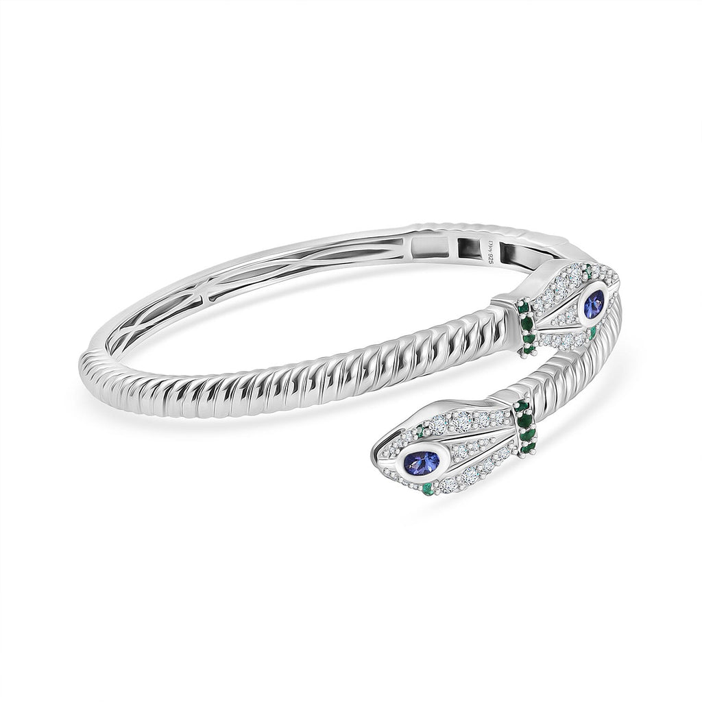 Designer Inspired- Tanzanite Zambian Emerald Bangle (Size 7.5) in Rhodium Overlay Sterling Silver 2.53 Ct, Silver Wt. 23.05 Gms