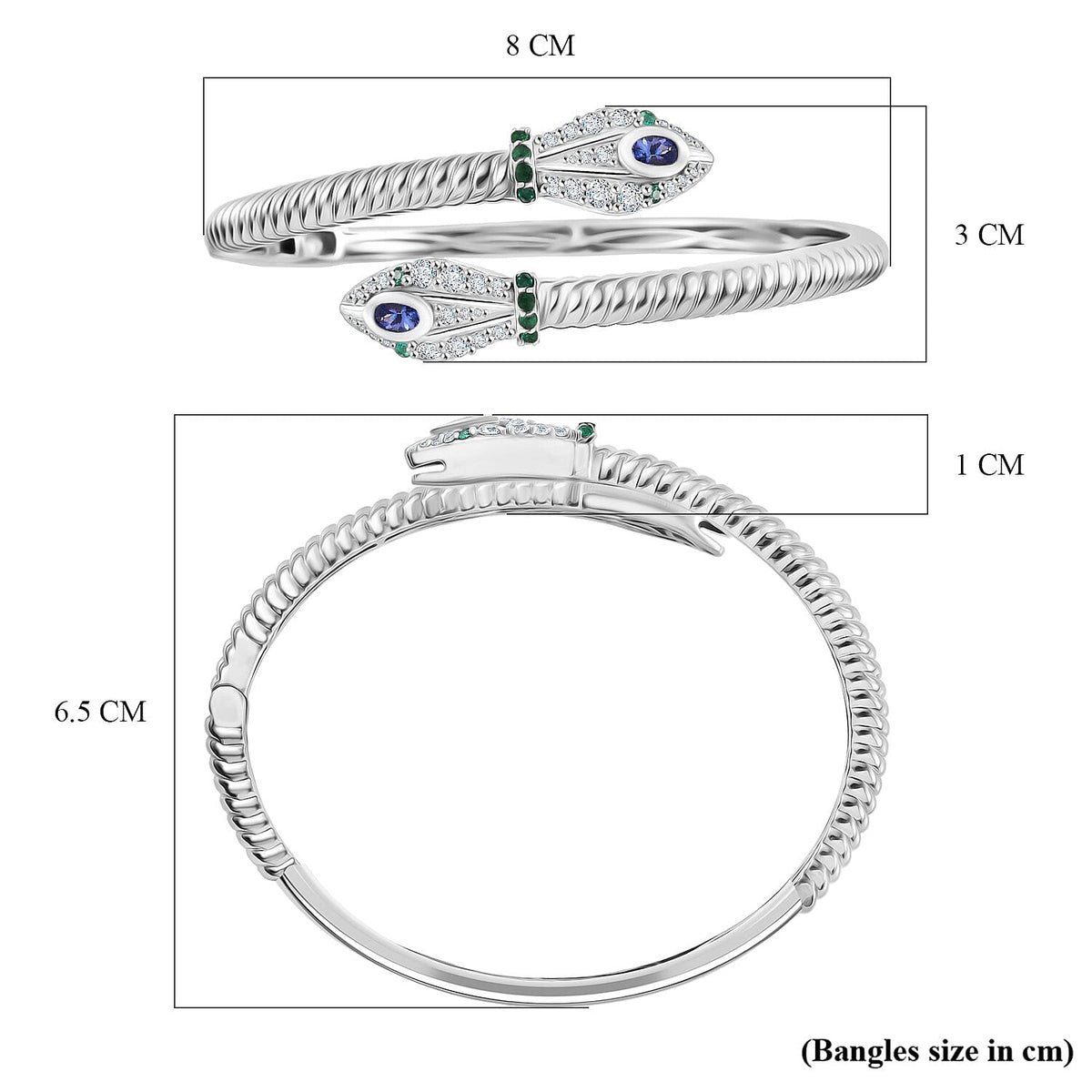Designer Inspired- Tanzanite Zambian Emerald Bangle (Size 7.5) in Rhodium Overlay Sterling Silver 2.53 Ct, Silver Wt. 23.05 Gms 8232971 6