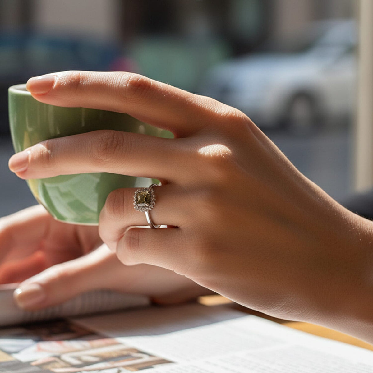 D'Joy Turkizite, Moissanite Halo Ring in Rhodium Overlay Sterling Silver 1.46 Ct. V32655863 4