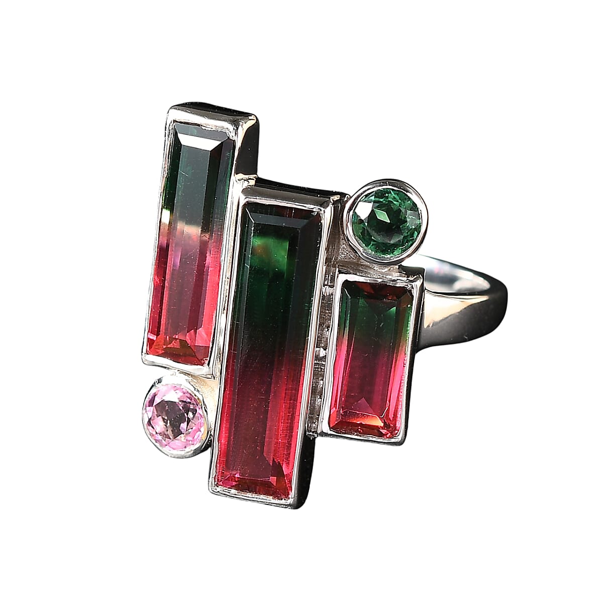 Sajen Silver - Watermelon Quartz Triplet, Triplet Quartz &amp; Pink Triplet Quartz Boho Ring in Rhodium Overlay Sterling Silver 4.90 Ct. 8364201 0