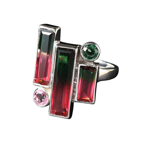 Sajen Silver - Watermelon Quartz Triplet, Triplet Quartz &amp; Pink Triplet Quartz Boho Ring in Rhodium Overlay Sterling Silver 4.90 Ct. 8364201 1