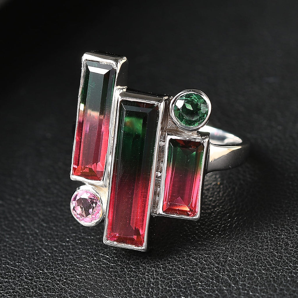 Sajen Silver - Watermelon Quartz Triplet, Triplet Quartz & Pink Triplet Quartz Ring in Rhodium Overlay Sterling Silver 4.90 Ct.