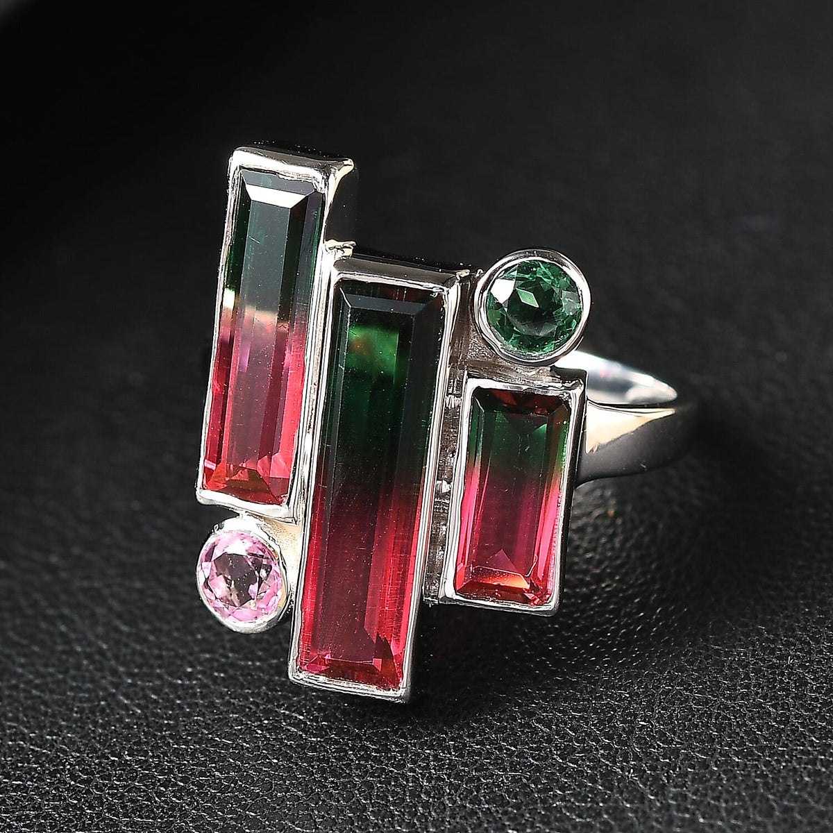 Sajen Silver - Watermelon Quartz Triplet, Triplet Quartz &amp; Pink Triplet Quartz Boho Ring in Rhodium Overlay Sterling Silver 4.90 Ct. 8364201 1