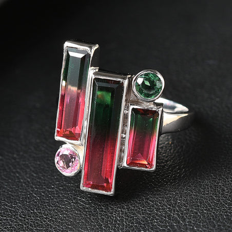 Sajen Silver - Watermelon Quartz Triplet, Triplet Quartz &amp; Pink Triplet Quartz Boho Ring in Rhodium Overlay Sterling Silver 4.90 Ct. 8364201 2