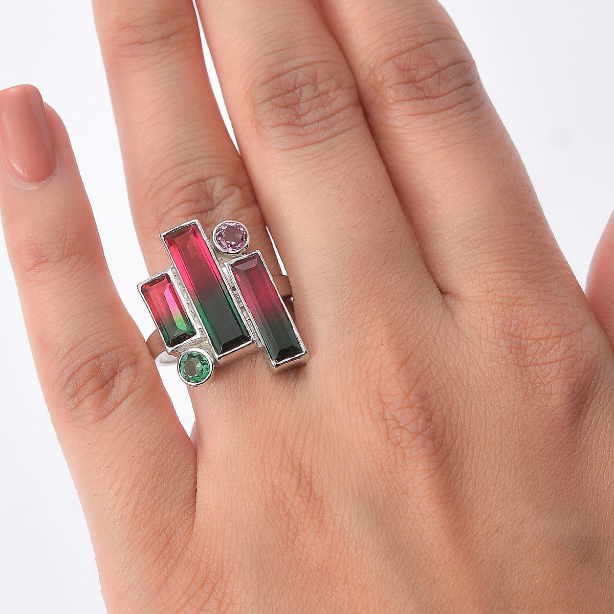 Sajen Silver - Watermelon Quartz Triplet, Triplet Quartz &amp; Pink Triplet Quartz Boho Ring in Rhodium Overlay Sterling Silver 4.90 Ct. 8364201 2