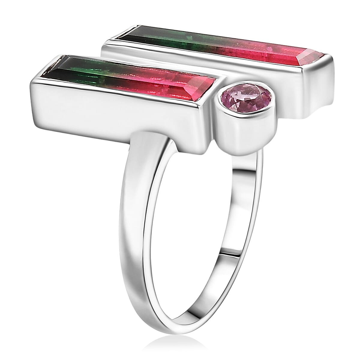 Sajen Silver - Watermelon Quartz Triplet, Triplet Quartz &amp; Pink Triplet Quartz Boho Ring in Rhodium Overlay Sterling Silver 4.90 Ct. 8364201 3