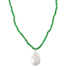 D'Joy White Baroque Pearl & Green Jade Beads Necklace (Size 20 - 2 Ext) in Rhodium Overlay Sterling Silver 140.00 Ct.