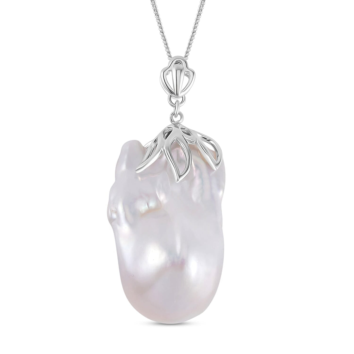 D'Joy White Baroque Pearl Pendant with Chain (Size 18) in Rhodium Overlay Sterling Silver 40.00 Ct. 4197666 0