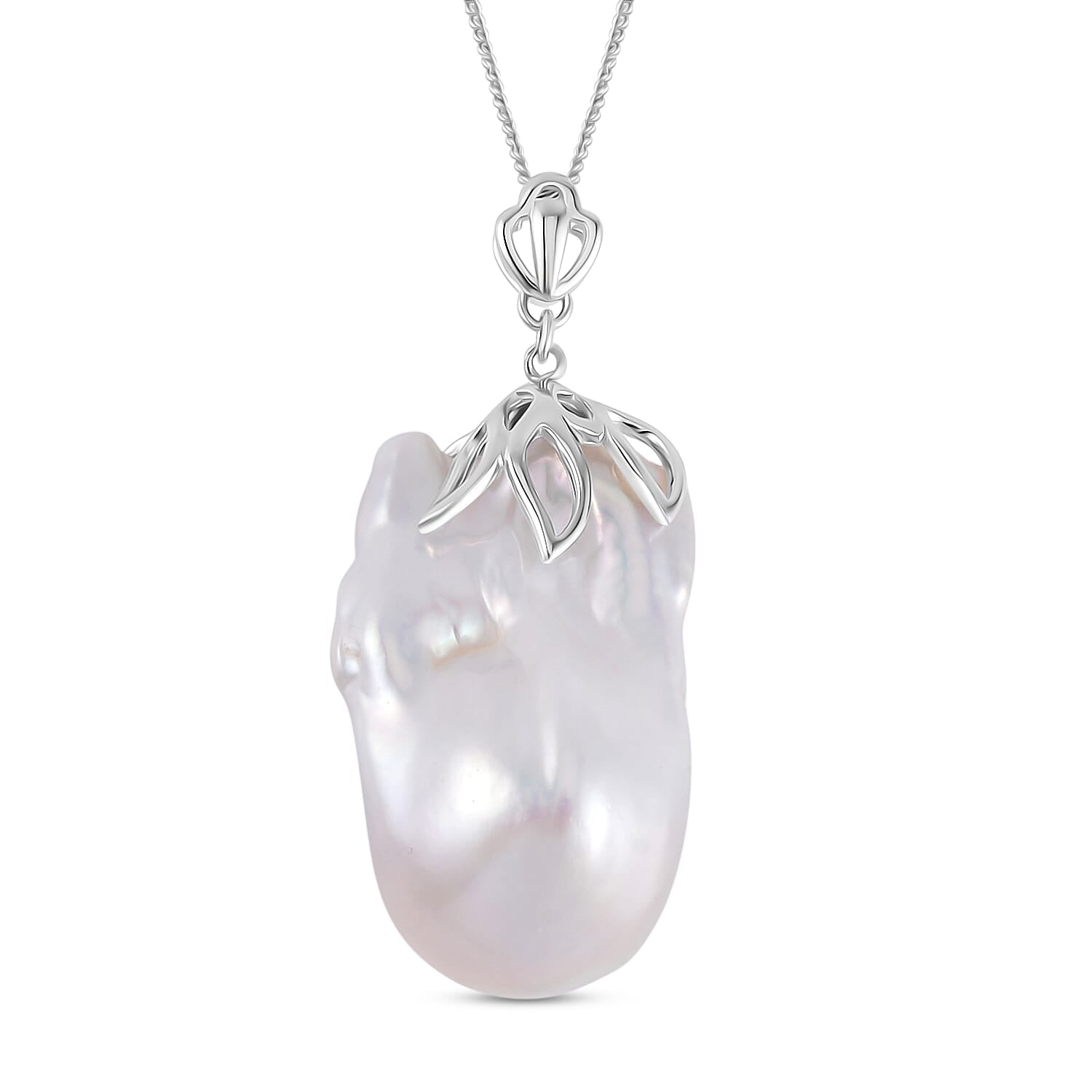 D'Joy White Baroque Pearl Pendant with Chain (Size 18) in Rhodium Overlay Sterling Silver 40.00 Ct. 4197666 0