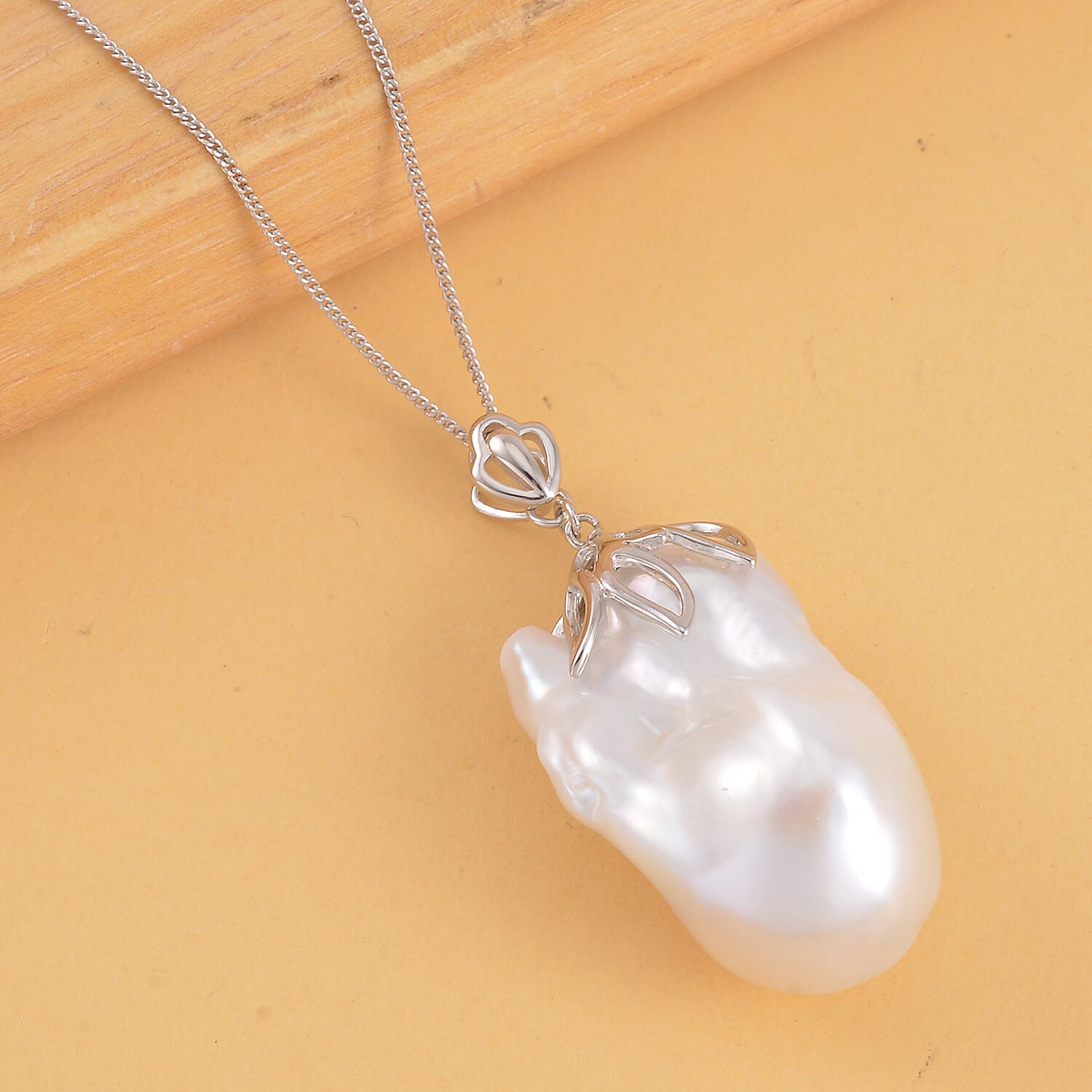 D'Joy White Baroque Pearl Pendant with Chain (Size 18) in Rhodium Overlay Sterling Silver 40.00 Ct. 4197666 2