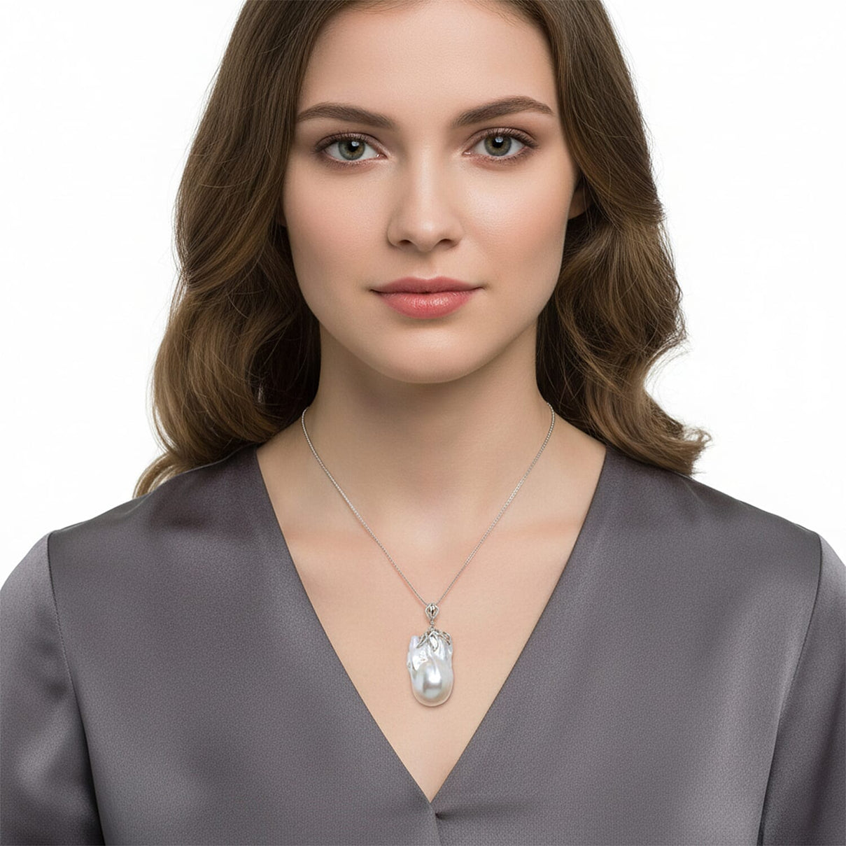 D'Joy White Baroque Pearl Pendant with Chain (Size 18) in Rhodium Overlay Sterling Silver 40.00 Ct. 4197666 3