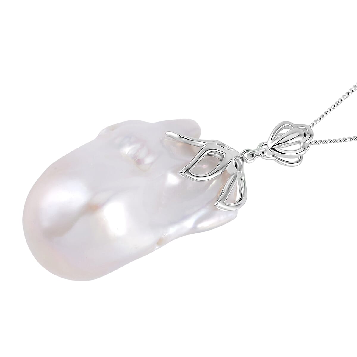D'Joy White Baroque Pearl Pendant with Chain (Size 18) in Rhodium Overlay Sterling Silver 40.00 Ct. 4197666 4
