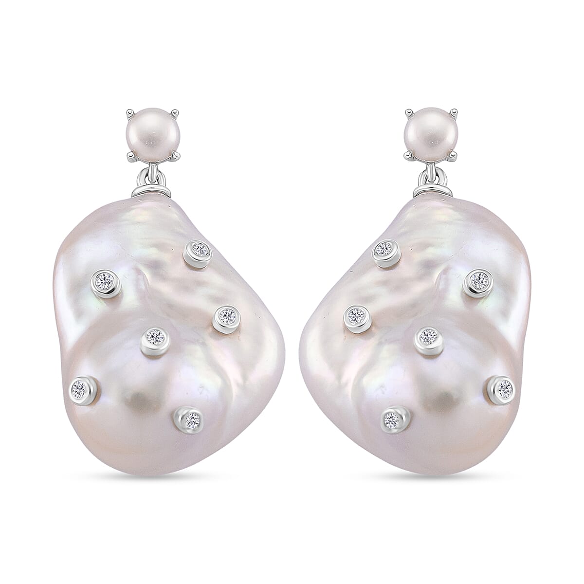 D'Joy Baroque Pearl and Lab Grown Diamond Earring with Push Back in Rhodium Overlay Sterling Silver. 8265488 0