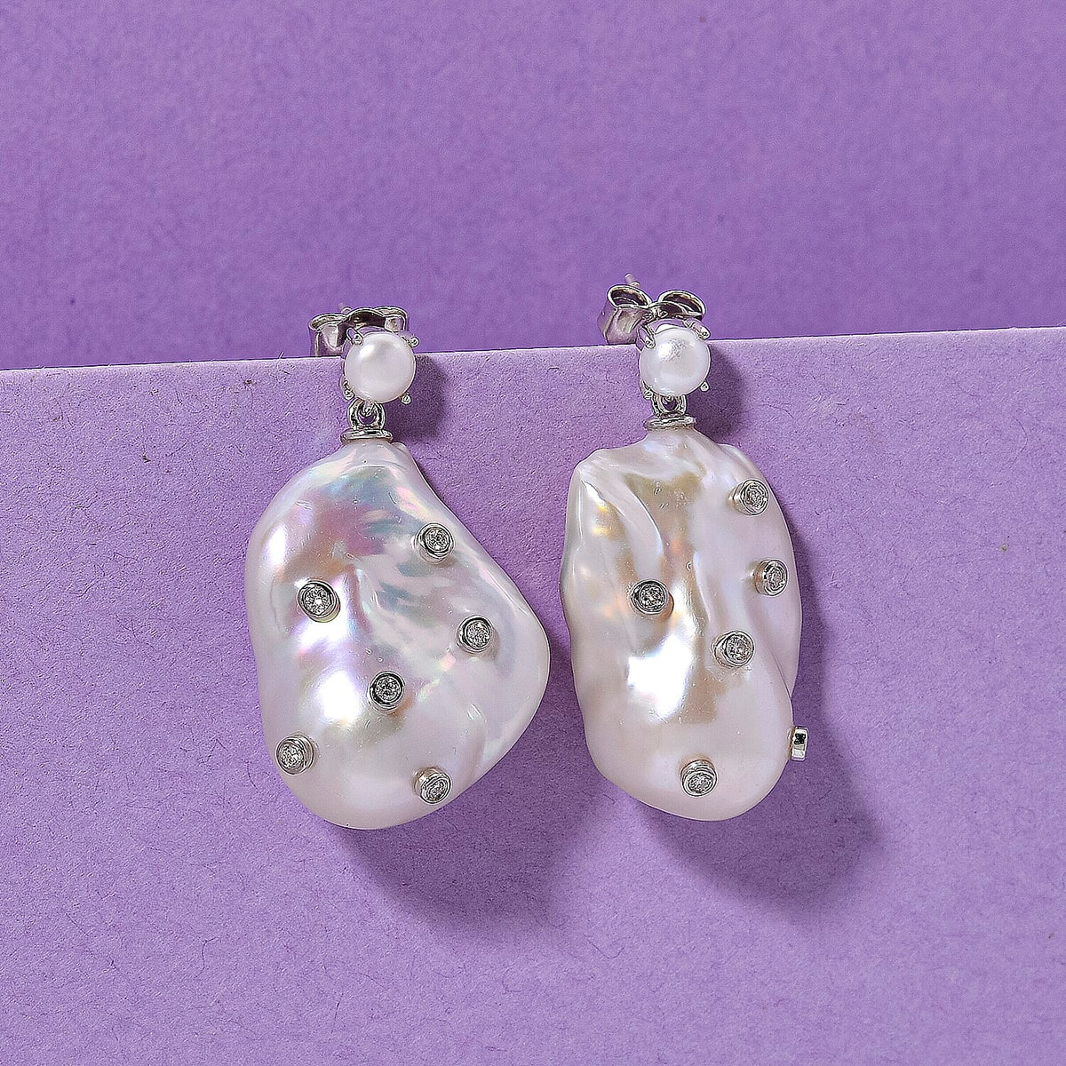 D'Joy Baroque Pearl and Lab Grown Diamond Earring with Push Back in Rhodium Overlay Sterling Silver. 8265488 2