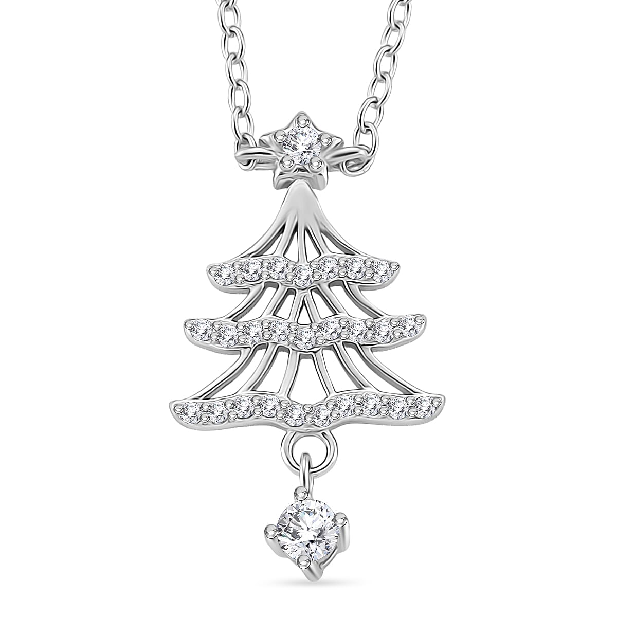NY Close Out Deal- White Cubic Zirconia Christmas Tree Drop Necklace (Size - 18) in Rhodium Overlay Sterling Silver 8354681 0
