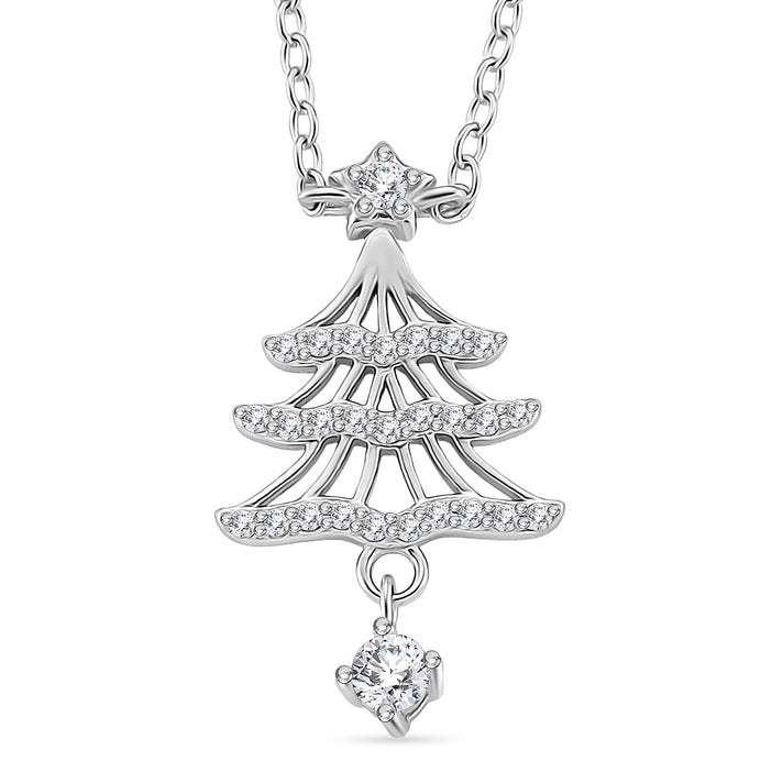 NY Close Out Deal- White Cubic Zirconia Christmas Tree Drop Necklace (Size - 18) in Rhodium Overlay Sterling Silver 8354681 1