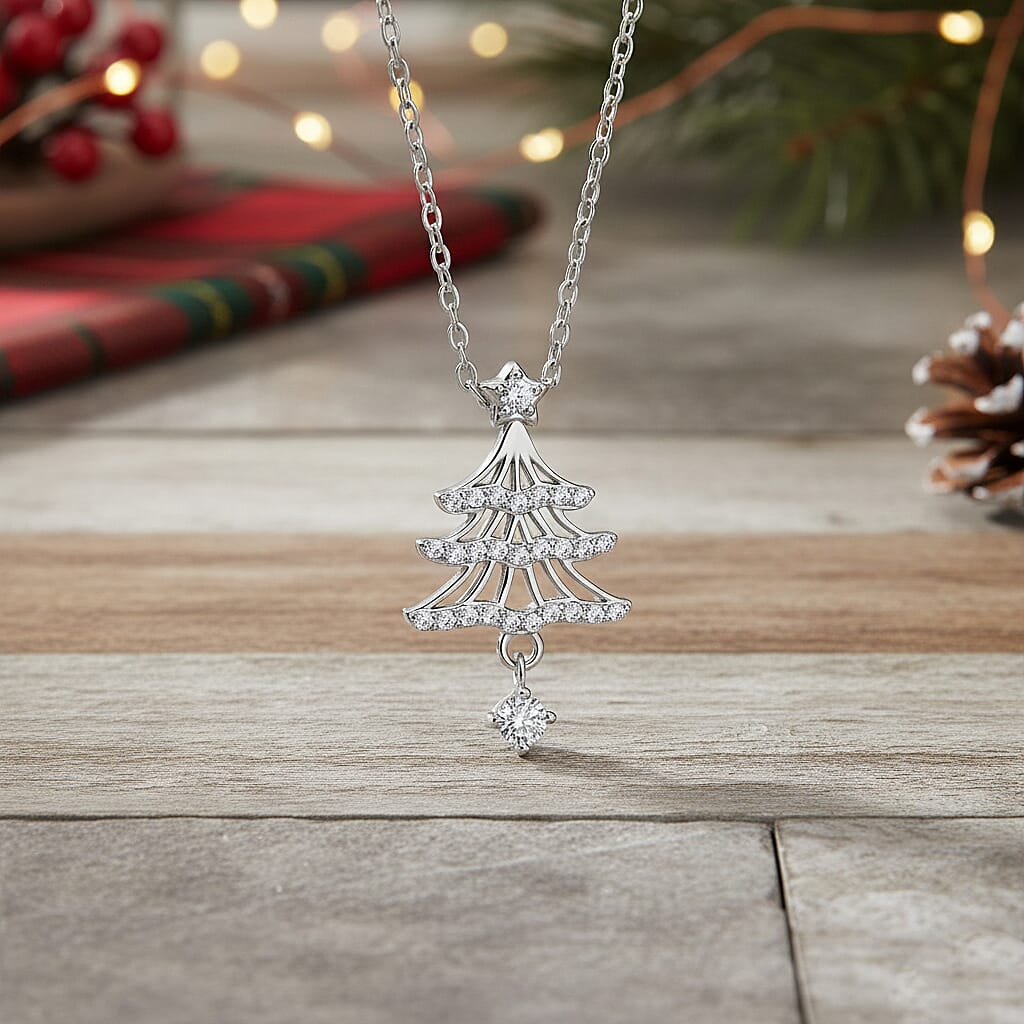 NY Close Out Deal- White Cubic Zirconia Christmas Tree Drop Necklace (Size - 18) in Rhodium Overlay Sterling Silver 8354681 2